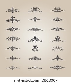 Vintage decor elements and wicker lines in vector. Decoration for logos, page, wedding album or restaurant menu in set. Calligraphic design elements