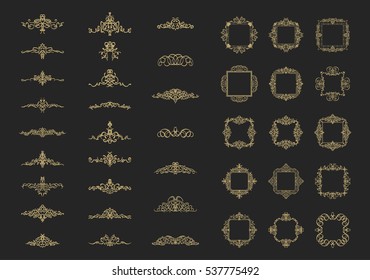 Vintage decor elements and wicker lines in vector. Decoration for logos, page, wedding album or restaurant menu in set. Calligraphic design elements