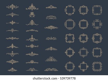 Vintage decor elements and wicker lines in vector. Decoration for logos, page, wedding album or restaurant menu in set. Calligraphic design elements