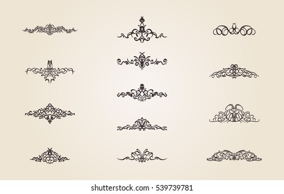 Vintage decor elements and wicker lines in vector. Decoration for logos, page, wedding album or restaurant menu in set. Calligraphic design elements