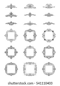 Vintage decor elements and wicker lines in vector. Decoration for logos, page, wedding album or restaurant menu in set. Calligraphic design elements