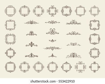 Vintage decor elements and wicker lines in vector. Decoration for logos, page, wedding album or restaurant menu in set. Calligraphic design elements