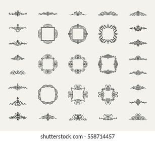 Vintage decor elements and wicker lines in vector. Decoration for logos, page, wedding album or restaurant menu in set. Calligraphic design elements