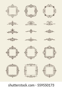 Vintage decor elements and wicker lines in vector. Decoration for logos, page, wedding album or restaurant menu in set. Calligraphic design elements