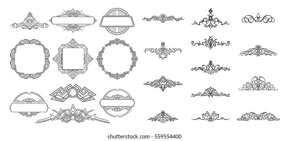 Vintage decor elements and wicker lines in vector. Decoration for logos, page, wedding album or restaurant menu in set. Calligraphic design elements