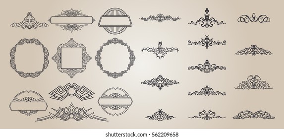 Vintage decor elements and wicker lines in vector. Decoration for logos, page, wedding album or restaurant menu in set. Calligraphic design elements