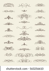 Vintage decor elements and wicker lines in vector. Decoration for logos, page, wedding album or restaurant menu in set. Calligraphic design elements