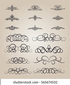 Vintage decor elements and wicker lines in vector. Decoration for logos, page, wedding album or restaurant menu in set. Calligraphic design elements