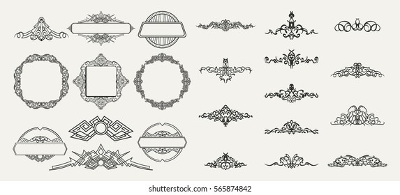 Vintage decor elements and wicker lines in vector. Decoration for logos, page, wedding album or restaurant menu in set. Calligraphic design elements