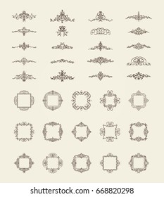 Vintage decor elements and wicker lines in vector. Decoration for logos, page, wedding album or restaurant menu in set. Calligraphic design elements