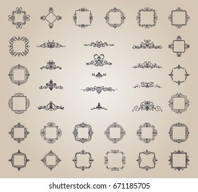 Vintage decor elements and wicker lines in vector. Decoration for logos, page, wedding album or restaurant menu in set. Calligraphic design elements