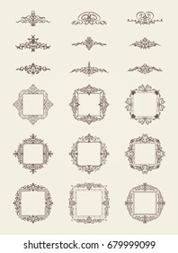 Vintage decor elements and wicker lines in vector. Decoration for logos, page, wedding album or restaurant menu in set. Calligraphic design elements