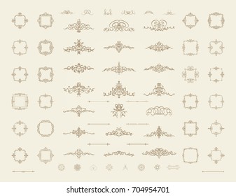 Vintage decor elements and wicker lines in vector. Decoration for logo, page, wedding album or restaurant menu in set. Calligraphic design elements