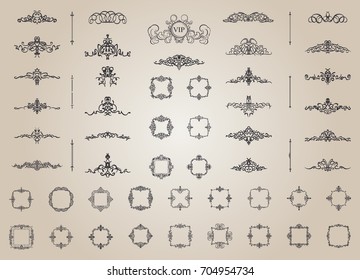 Vintage decor elements and wicker lines in vector. Decoration for logo, page, wedding album or restaurant menu in set. Calligraphic design elements