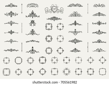 Vintage decor elements and wicker lines in vector. Decoration for logo, page, wedding album or restaurant menu in set. Calligraphic design elements