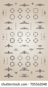 Vintage decor elements and wicker lines in vector. Decoration for logo, page, wedding album or restaurant menu in set. Calligraphic design elements