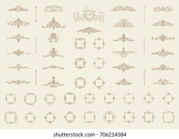 Vintage decor elements and wicker lines in vector. Decoration for logo, page, wedding album or restaurant menu in set. Calligraphic design elements