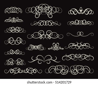 Vintage decor elements and wicker vector lines. Decoration of logos, page, wedding album, menu. Flourish set elegant contour. Classic ornamental motif. Calligraphic design elements. Medieval swirl 