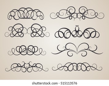 Vintage decor elements and wicker vector lines. Decoration of logos, page, wedding album, menu. Flourish set elegant contour. Classic ornamental motif. Calligraphic design elements. Medieval swirl 