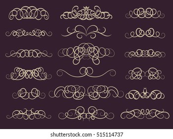 Vintage decor elements and wicker vector lines. Decoration of logos, page, wedding album, menu. Flourish set elegant contour. Classic ornamental motif. Calligraphic design elements. Medieval swirl 