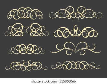 Vintage decor elements and wicker vector lines. Decoration of logos, page, wedding album, menu. Flourish set elegant contour. Classic ornamental motif. Calligraphic design elements. Medieval swirl 