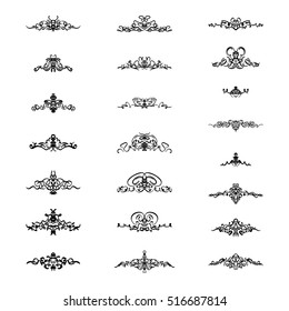 Vintage decor elements and wicker vector lines. Decoration of logos, page, wedding album, menu. Flourish set elegant contour. Classic ornamental motif. Calligraphic design elements. Medieval swirl 