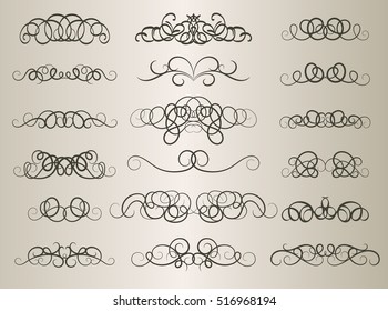 Vintage decor elements and wicker vector lines. Decoration of logos, page, wedding album, menu. Flourish set elegant contour. Classic ornamental motif. Calligraphic design elements. Medieval swirl 