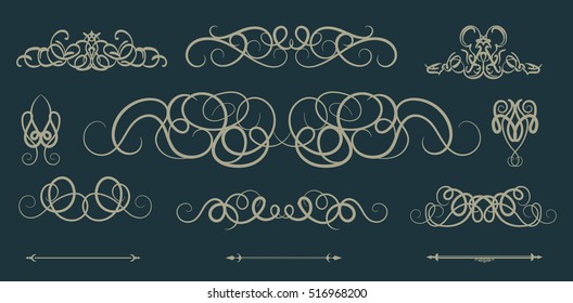 Vintage decor elements and wicker vector lines. Decoration of logos, page, wedding album, menu. Flourish set elegant contour. Classic ornamental motif. Calligraphic design elements. Medieval swirl 