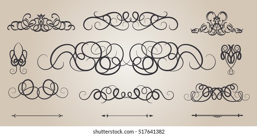 Vintage decor elements and wicker vector lines. Decoration of logos, page, wedding album, menu. Flourish set elegant contour. Classic ornamental motif. Calligraphic design elements. Medieval swirl 