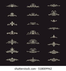 Vintage decor elements and wicker vector lines. Decoration of logos, page, wedding album, menu. Flourish set elegant contour. Classic ornamental motif. Calligraphic design elements. Medieval swirl 