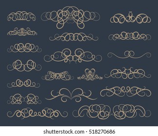 Vintage decor elements and wicker vector lines. Decoration of logos, page, wedding album, menu. Flourish set elegant contour. Classic ornamental motif. Calligraphic design elements. Medieval swirl 