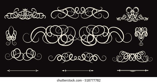 Vintage decor elements and wicker vector lines. Decoration of logos, page, wedding album, menu. Flourish set elegant contour. Classic ornamental motif. Calligraphic design elements. Medieval swirl 