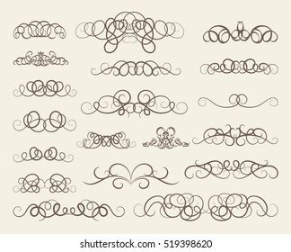 Vintage decor elements and wicker vector lines. Decoration of logos, page, wedding album, menu. Flourish set elegant contour. Classic ornamental motif. Calligraphic design elements. Medieval swirl 