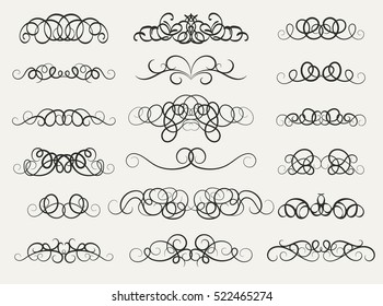 Vintage decor elements and wicker vector lines. Decoration of logos, page, wedding album, menu. Flourish set elegant contour. Classic ornamental motif. Calligraphic design elements. Medieval swirl 