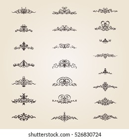 Vintage decor elements and wicker vector lines. Decoration of logos, page, wedding album, menu. Flourish set elegant contour. Classic ornamental motif. Calligraphic design elements. Medieval swirl 