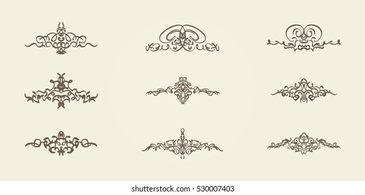 Vintage decor elements and wicker vector lines. Decoration of logos, page, wedding album, menu. Flourish set elegant contour. Classic ornamental motif. Calligraphic design elements. Medieval swirl 