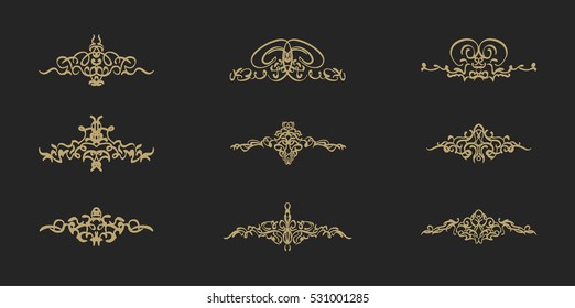 Vintage decor elements and wicker vector lines. Decoration of logos, page, wedding album, menu. Flourish set elegant contour. Classic ornamental motif. Calligraphic design elements. Medieval swirl 