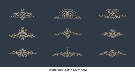 Vintage decor elements and wicker vector lines. Decoration of logos, page, wedding album, menu. Flourish set elegant contour. Classic ornamental motif. Calligraphic design elements. Medieval swirl 