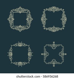 Vintage decor elements and wicker vector lines. Decoration of logos, page, wedding album, menu. Flourish set elegant contour. Classic ornamental motif. Calligraphic design elements. Medieval swirl 