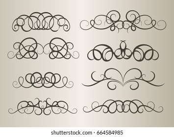 Vintage decor elements and wicker vector lines. Decoration of logos, page, wedding album, menu. Flourish set elegant contour. Classic ornamental motif. Calligraphic design elements. Medieval swirl 