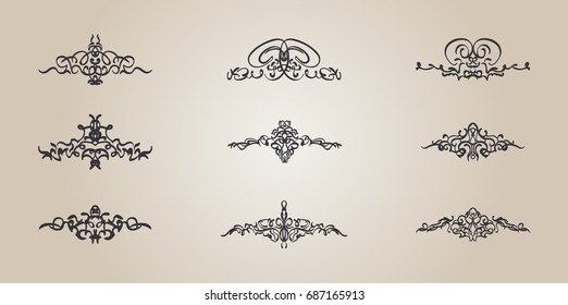 Vintage decor elements and wicker vector lines. Decoration of logos, page, wedding album, menu. Flourish set elegant contour. Classic ornamental motif. Calligraphic design elements. Medieval swirl 