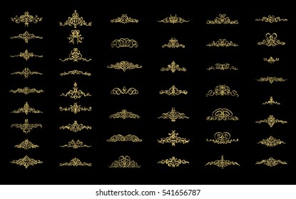 Vintage decor gold elements and wicker lines in vector. Decoration for logos, page, wedding album in set. Calligraphic design elements