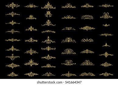 Vintage decor gold elements and wicker lines in vector. Decoration for logos, page, wedding album in set. Calligraphic design elements