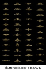 Vintage decor gold elements and wicker lines in vector. Decoration for logos, page, wedding album in set. Calligraphic design elements