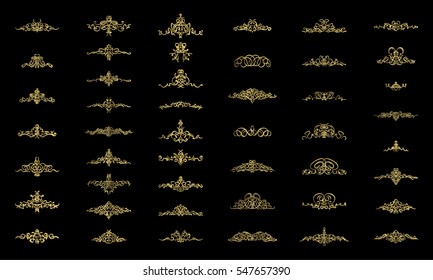 Vintage decor gold elements and wicker lines in vector. Decoration for logos, page, wedding album in set. Calligraphic design elements