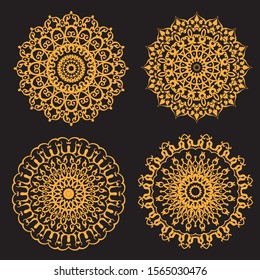 Vintage decorate element. flower mandala.set gold mandalas on black isolated bacground. Phone case print,greeting card and wallpaper.