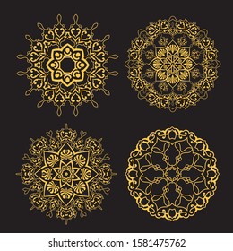 Vintage decorate element. flower mandala.set gold mandalas on black isolated bacground. Phone case print,greeting card and wallpaper.