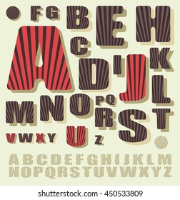 vintage decorated alphabet with stripes pattern in red and brown