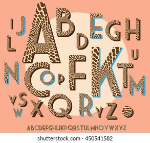 vintage decorated alphabet with stylized animal skin pattern in brown shades and blue