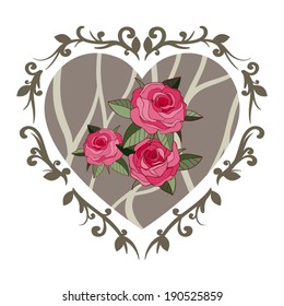Vintage decorated heart with pink roses inside